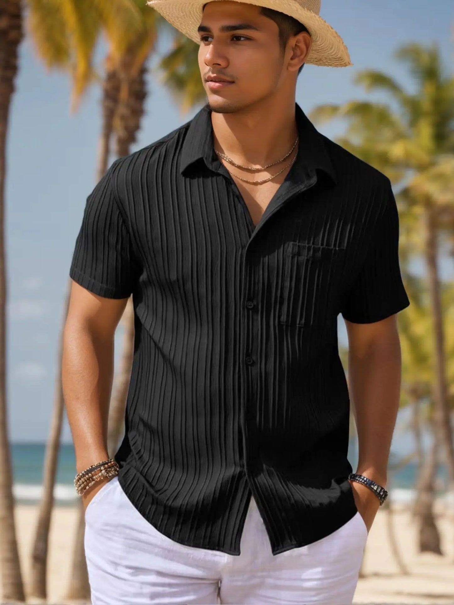 Men's Button-Up Textured Short Sleeve Casual Shirt