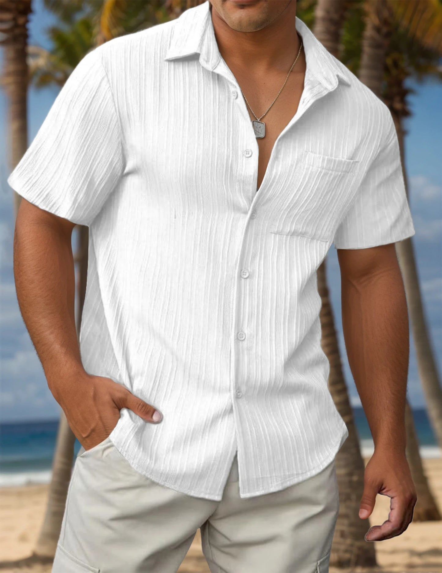 Men's Button-Up Textured Short Sleeve Casual Shirt