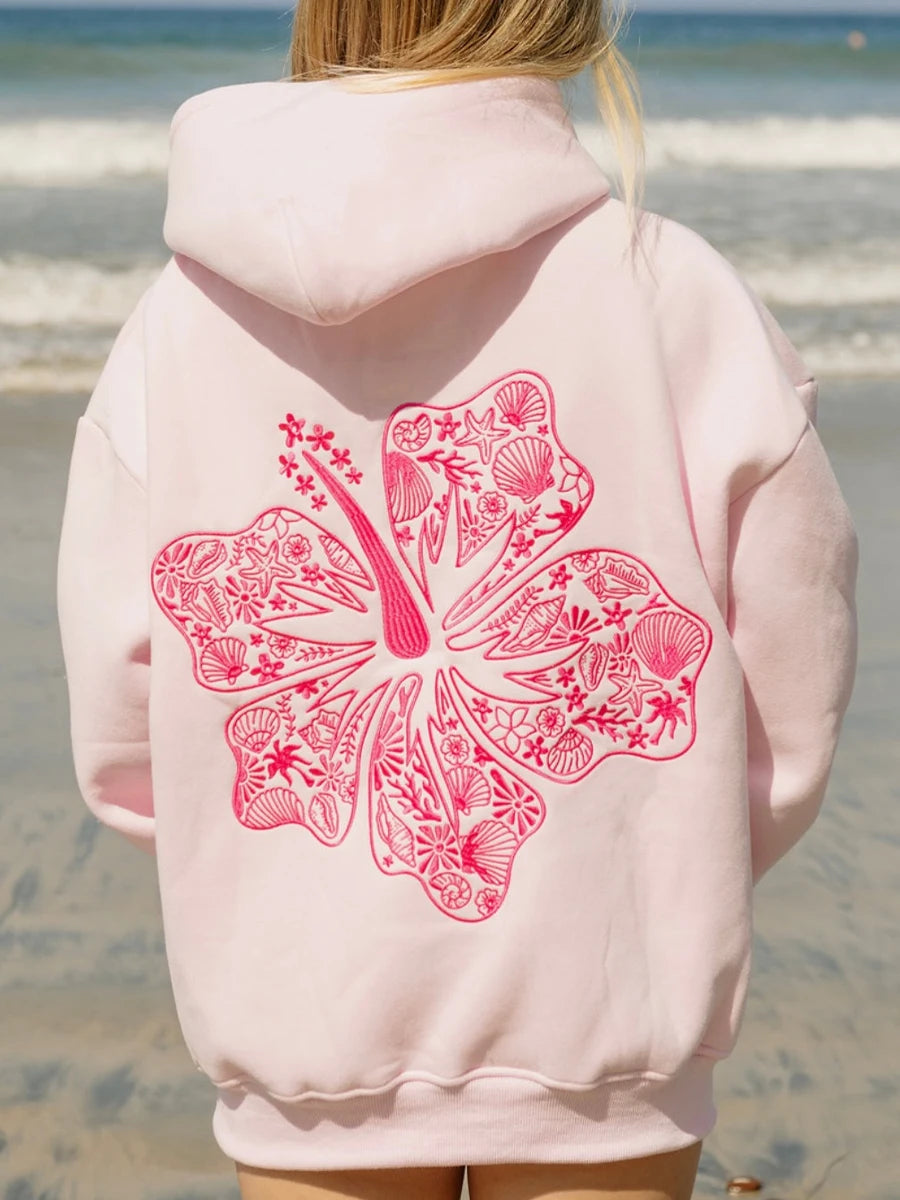 Preppy Embroidery Hibiscus Print Hoodies