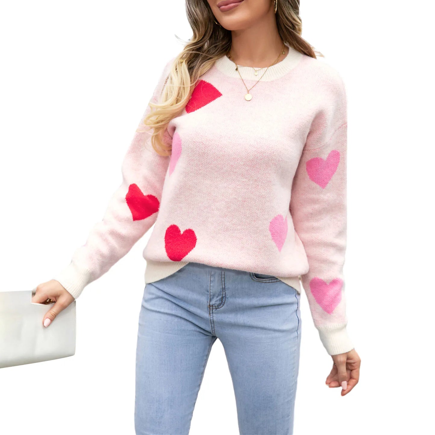 Womens Heart Print Long Sleeve Sweaters