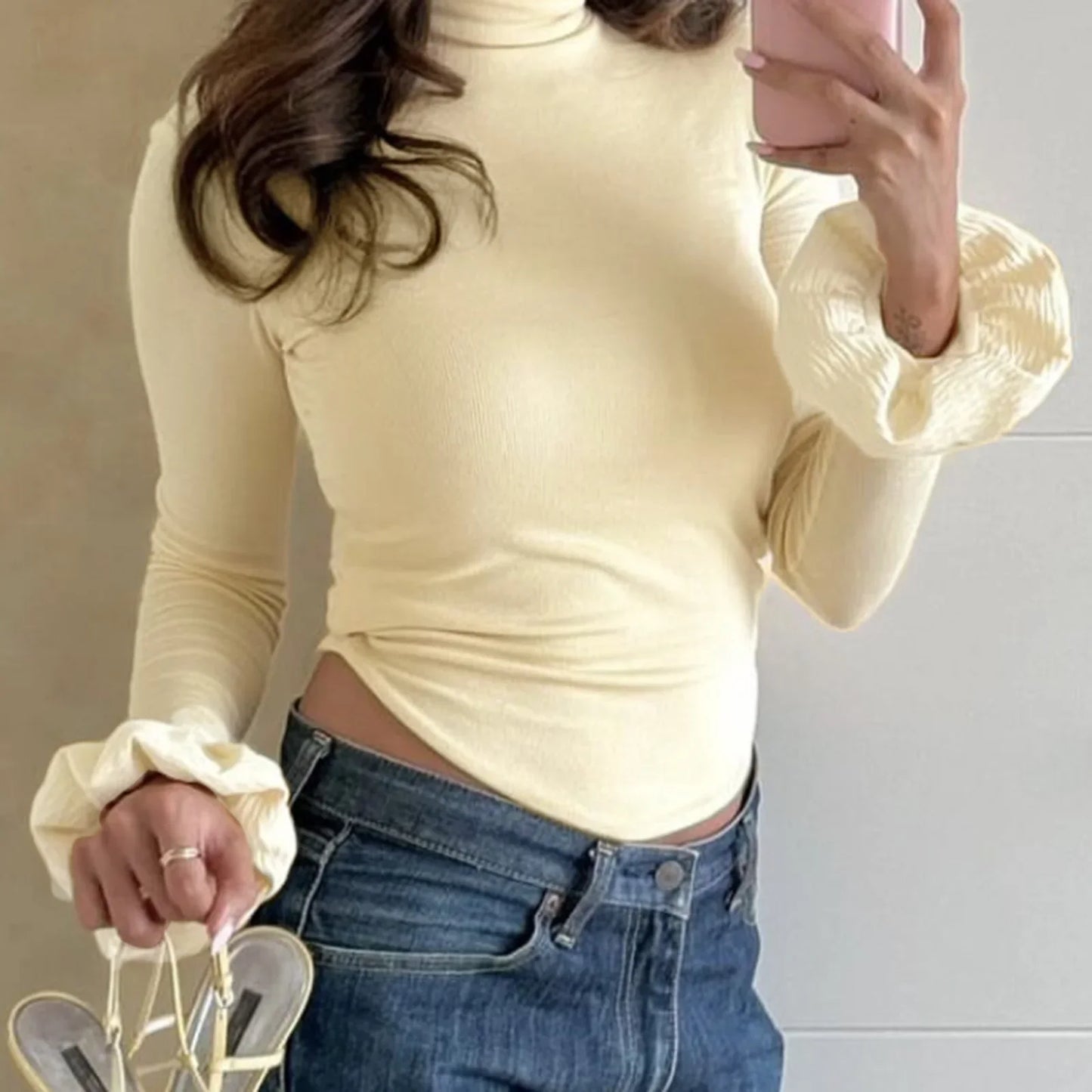 Solid Color Ribbed Turtleneck Top