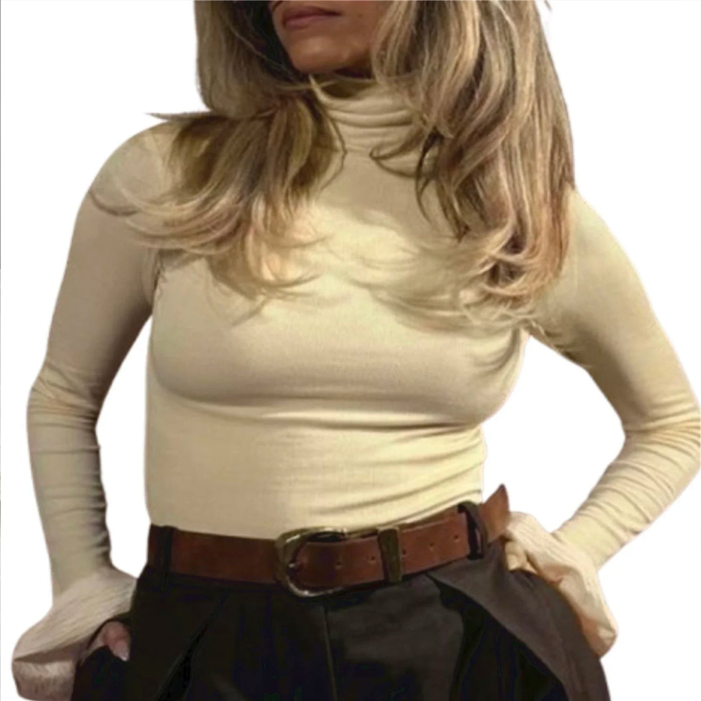 Solid Color Ribbed Turtleneck Top