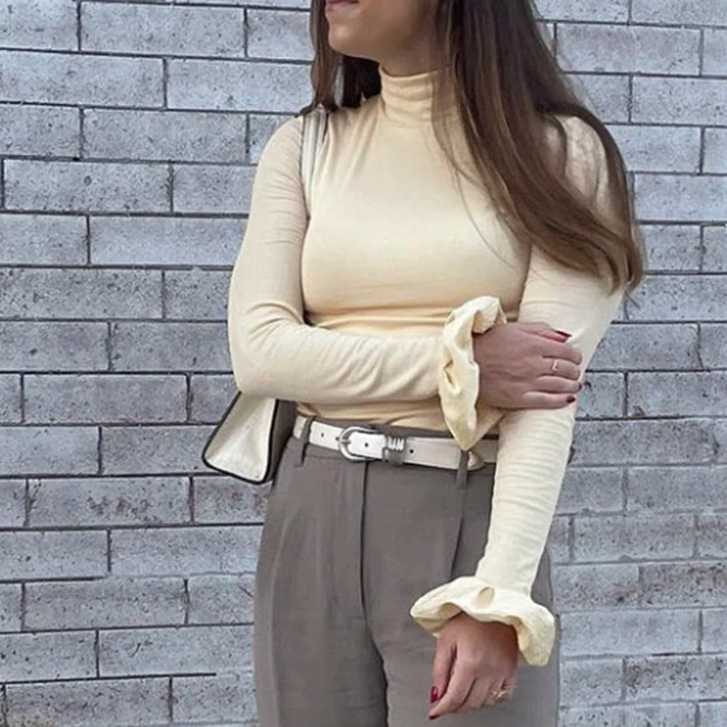 Solid Color Ribbed Turtleneck Top